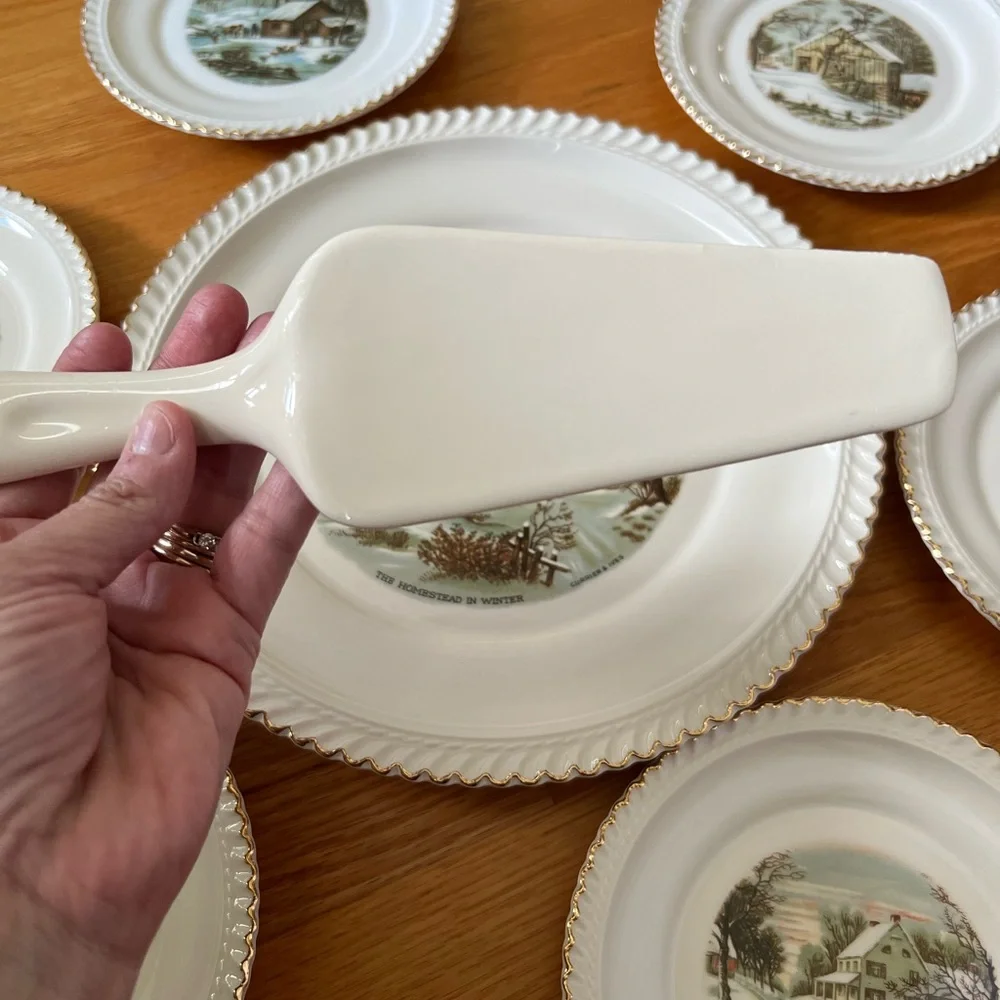 Vintage Harkerware Currier & Ives Winter Scene Cake & Dessert Plates + Server